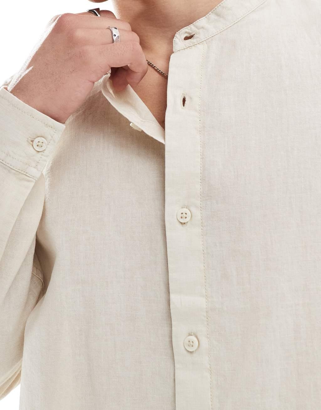 Pull&Bear linen rich long sleeve textured grandad shirt in beige Product Image