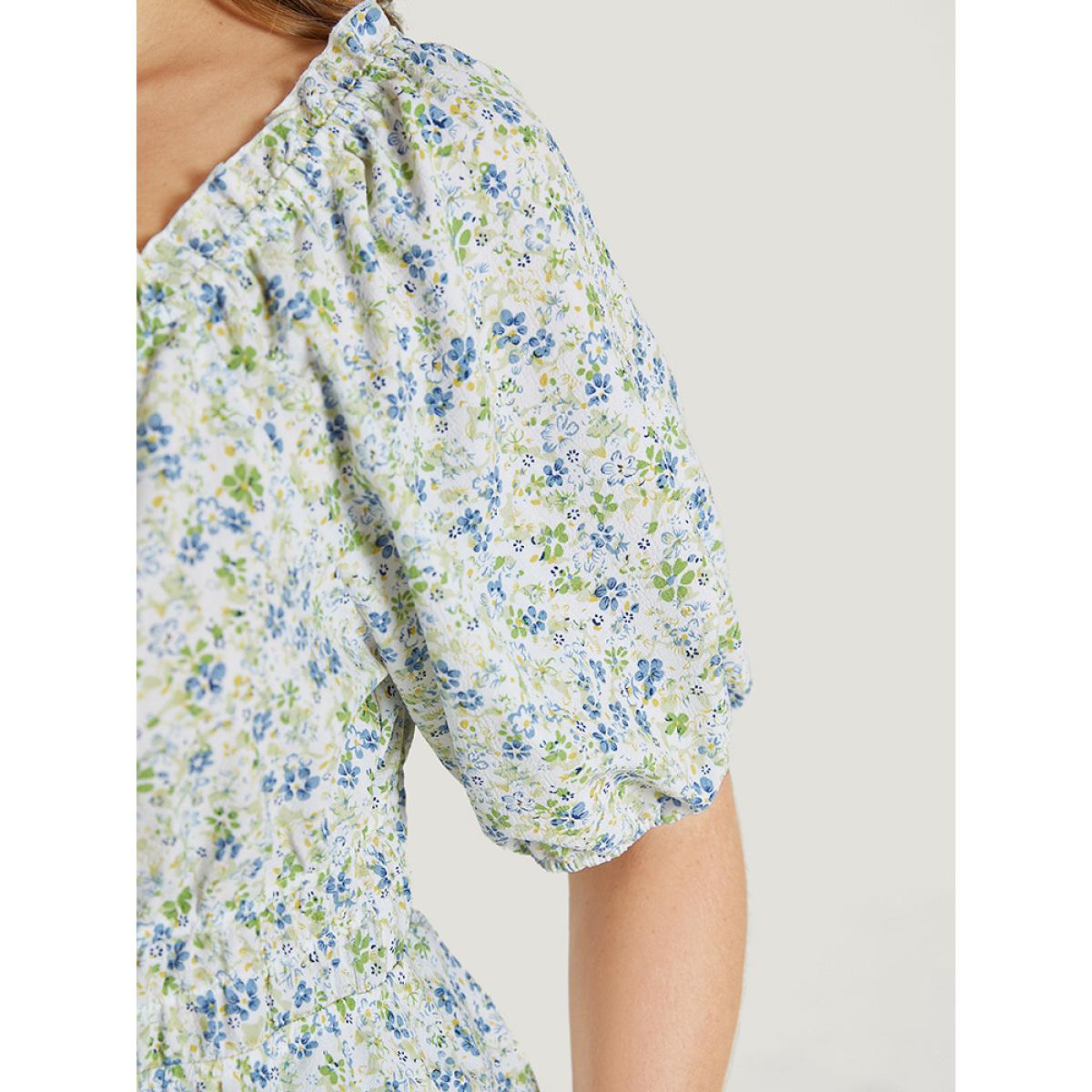 Plus Size Multicolor Ditsy Floral Puff Sleeve Frill Trim Elastic Waist Blouse Women Elegant Short sleeve Square Neck Dailywear Blouses BloomChic 22-24/3X Product Image