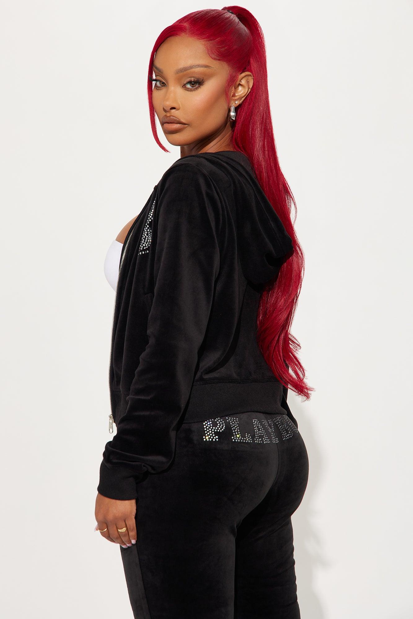 Playboy Snow Bunny Velour Zip Front Hoodie - Black Product Image