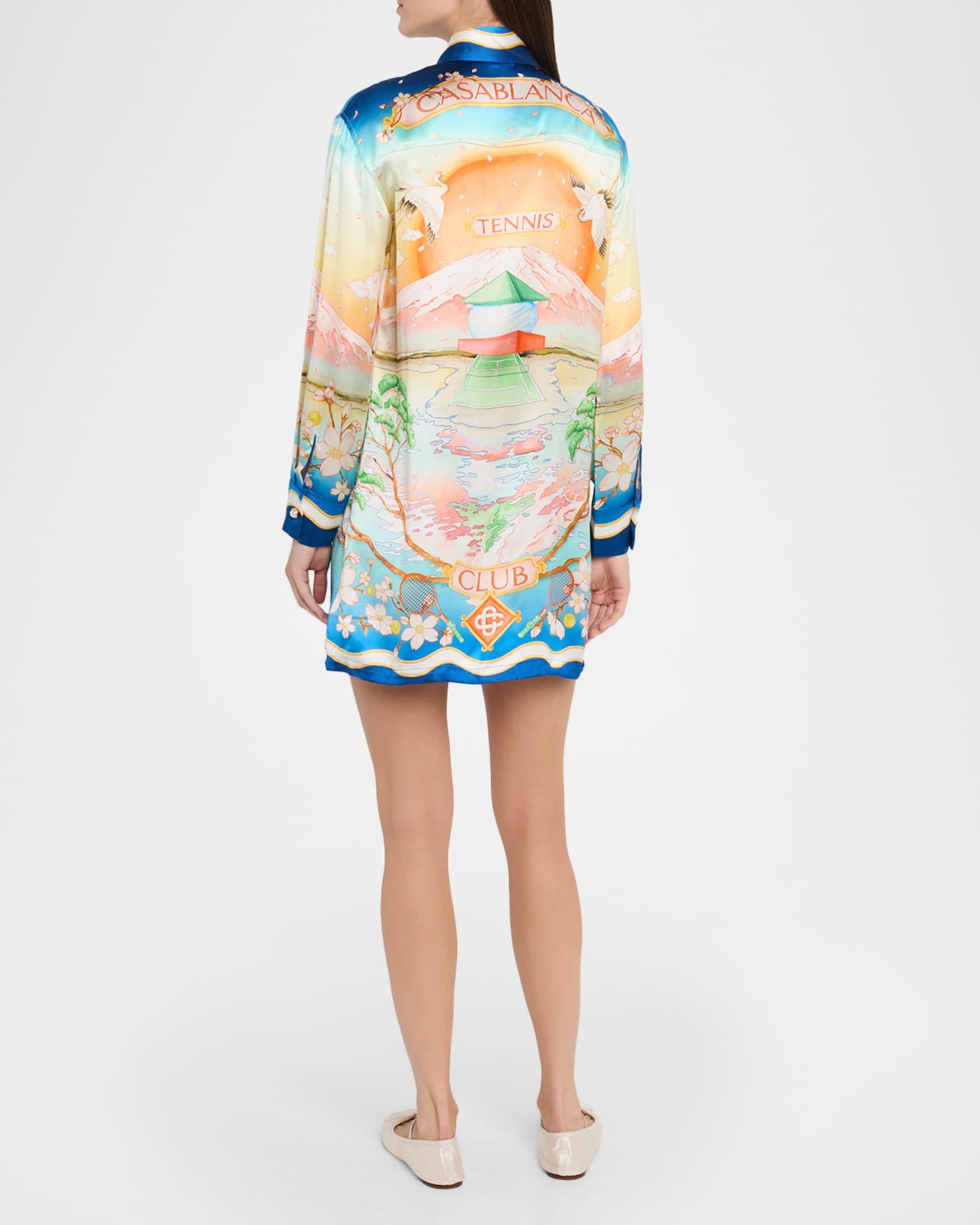 Printed Satin Long-Sleeve Mini Shirtdress Product Image