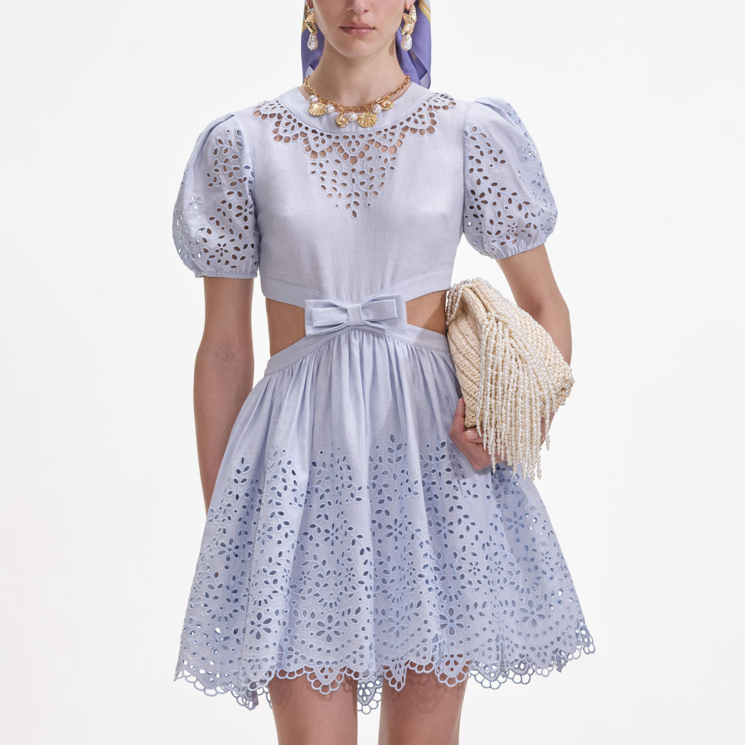 Blue Embroidered Linen Mini Dress Product Image