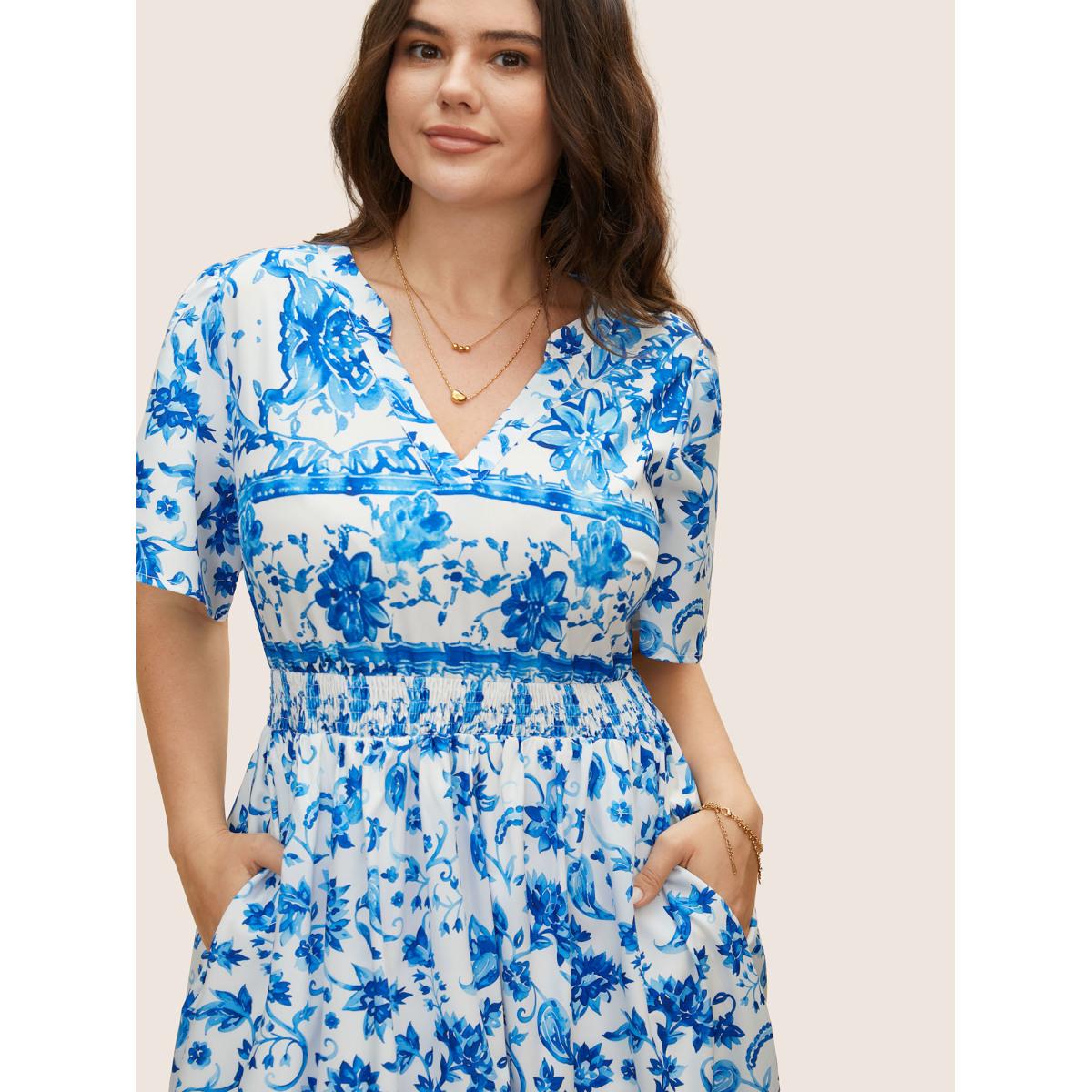 Plus Size Notched Collar Boho Print Shirred Dress Mediumblue Women Elegant Shirred Notched collar Short sleeve Curvy BloomChic 14-16/1X Product Image