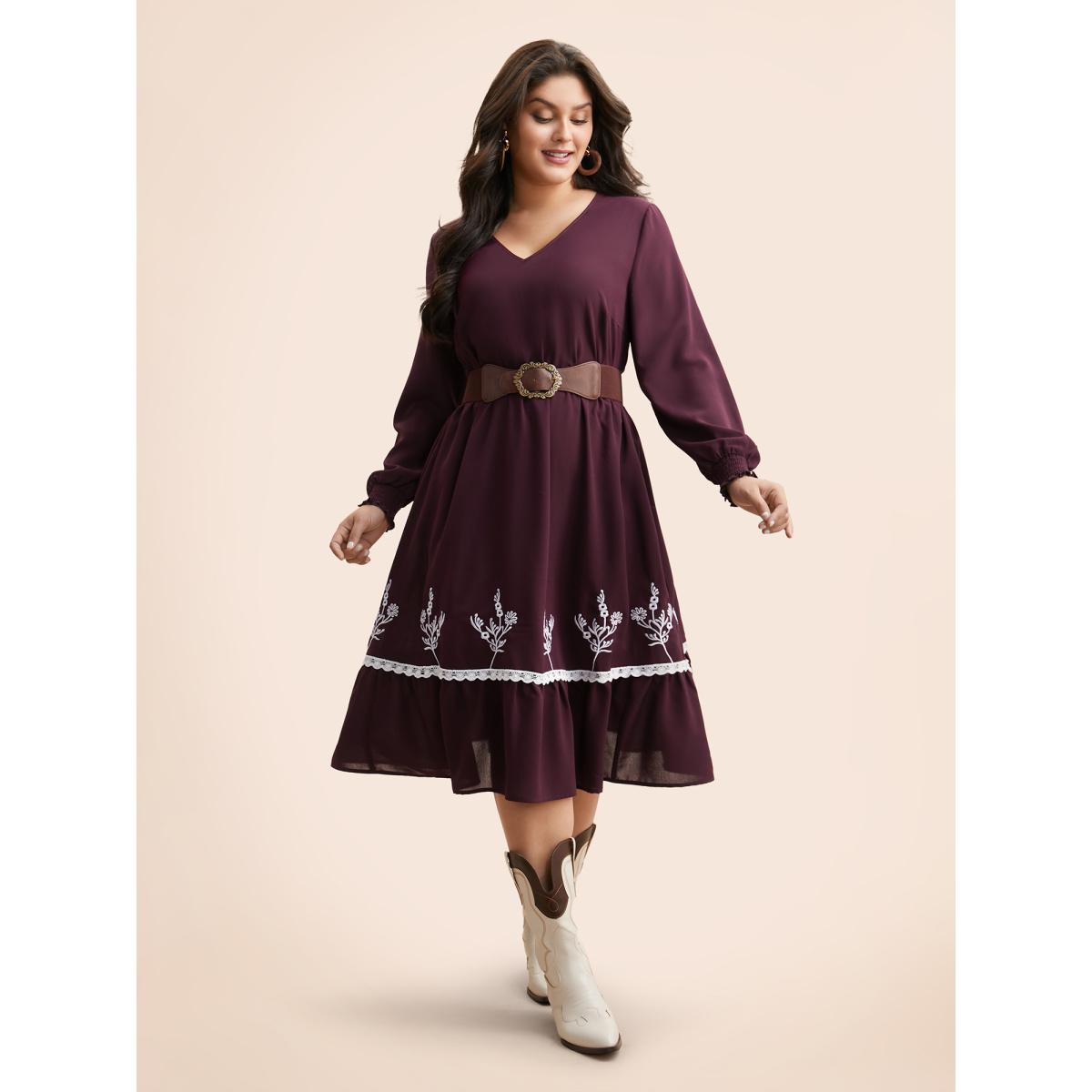 Plus Size Floral Embroidered Crochet Lace Midi Dress Eggplant Women Resort Woven ribbon&lace trim V-neck Long Sleeve Curvy BloomChic 30/6X Product Image