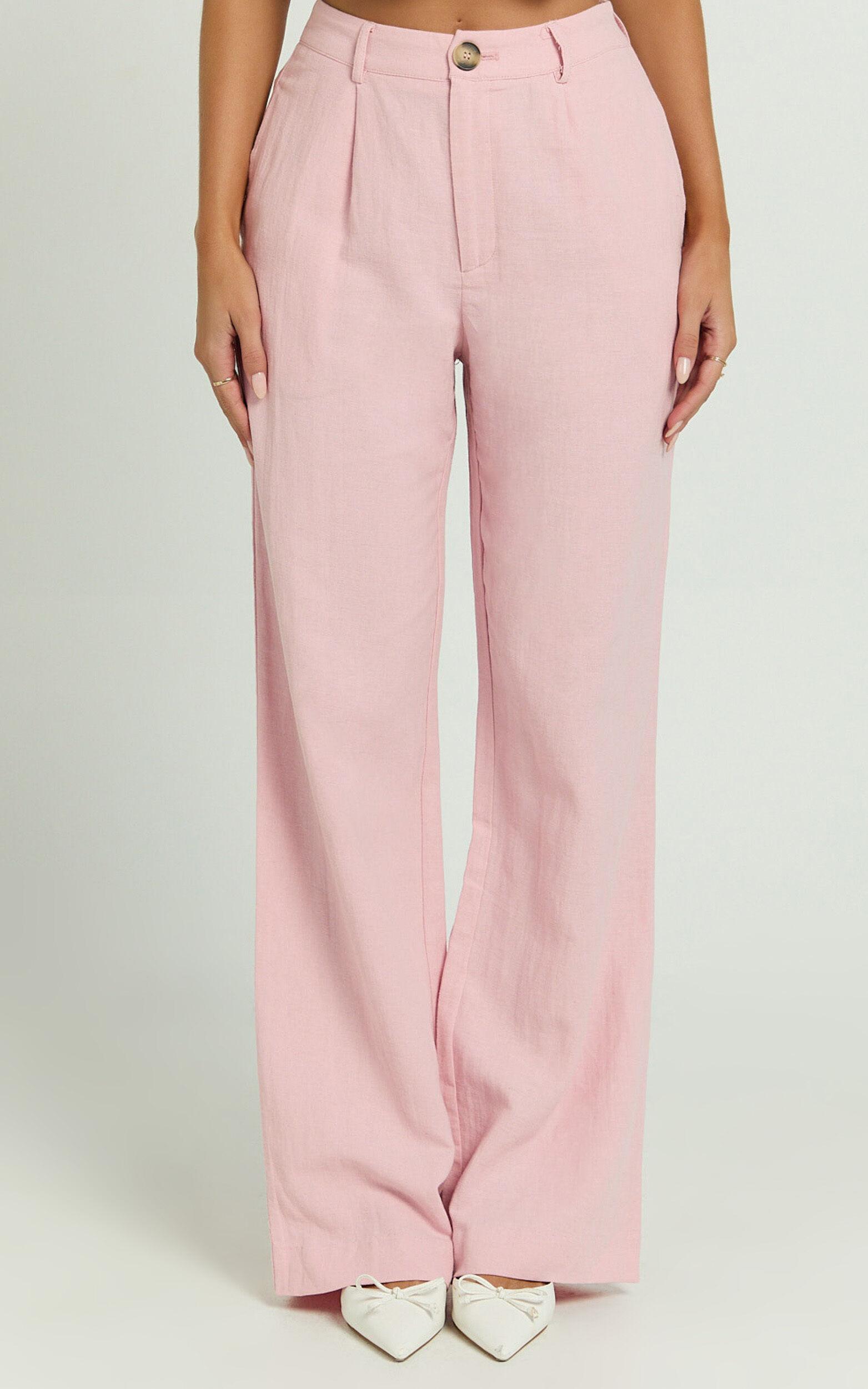 Bree Pants - Linen Mid Rise Relaxed Straight Leg Tailored Trousers in Light Pink Product Image