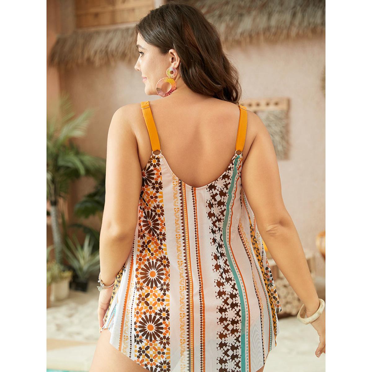 Plus Size Bandana Print Split Hanky Hem One Piece Swimsuit Women's Swimwear Multicolor Vacation Skinny High stretch Curve Swim Dresses BloomChic 26/4X Product Image