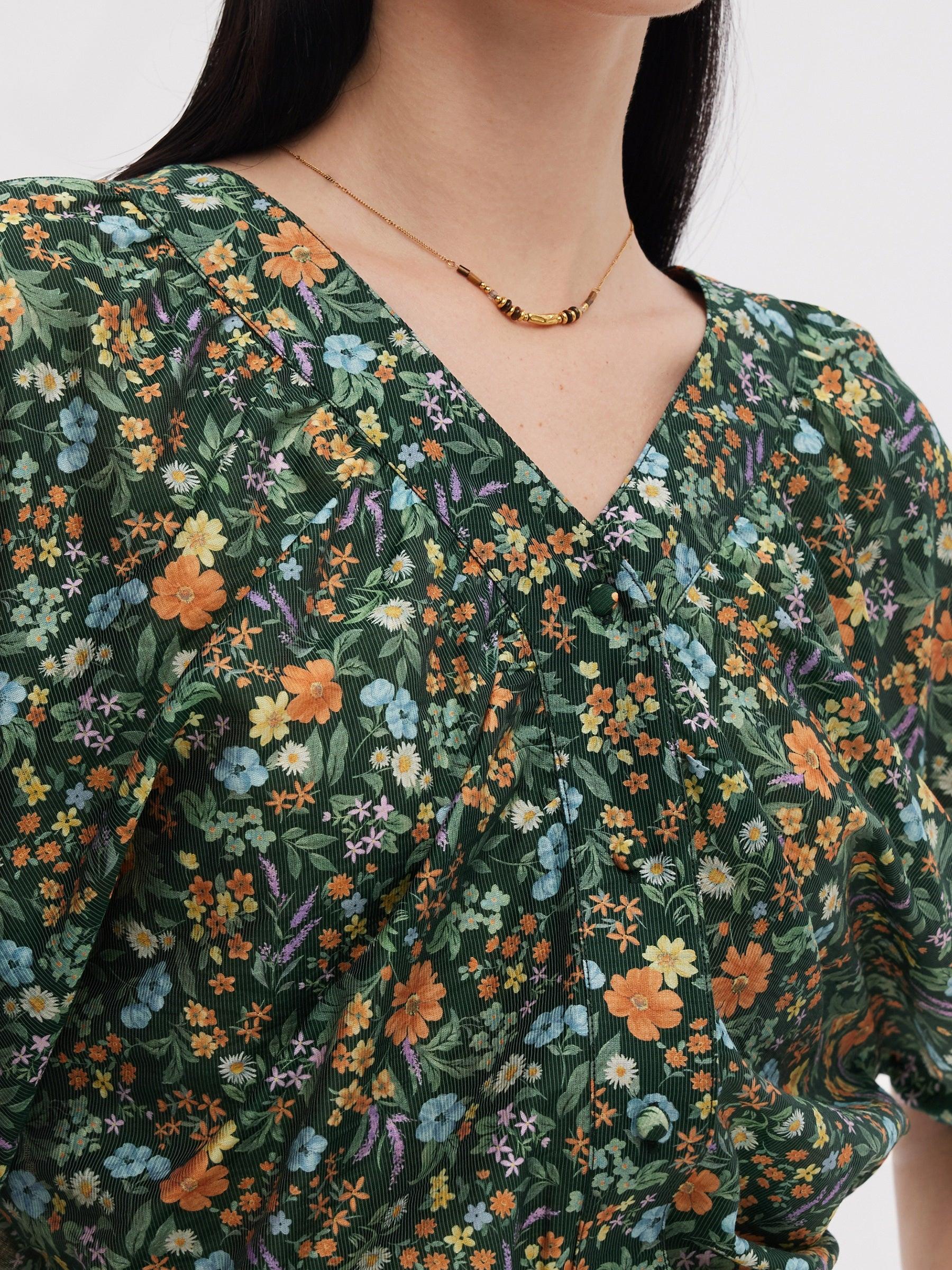 Tencel Blend Floral Print Women V-Neck Blouse Product Image
