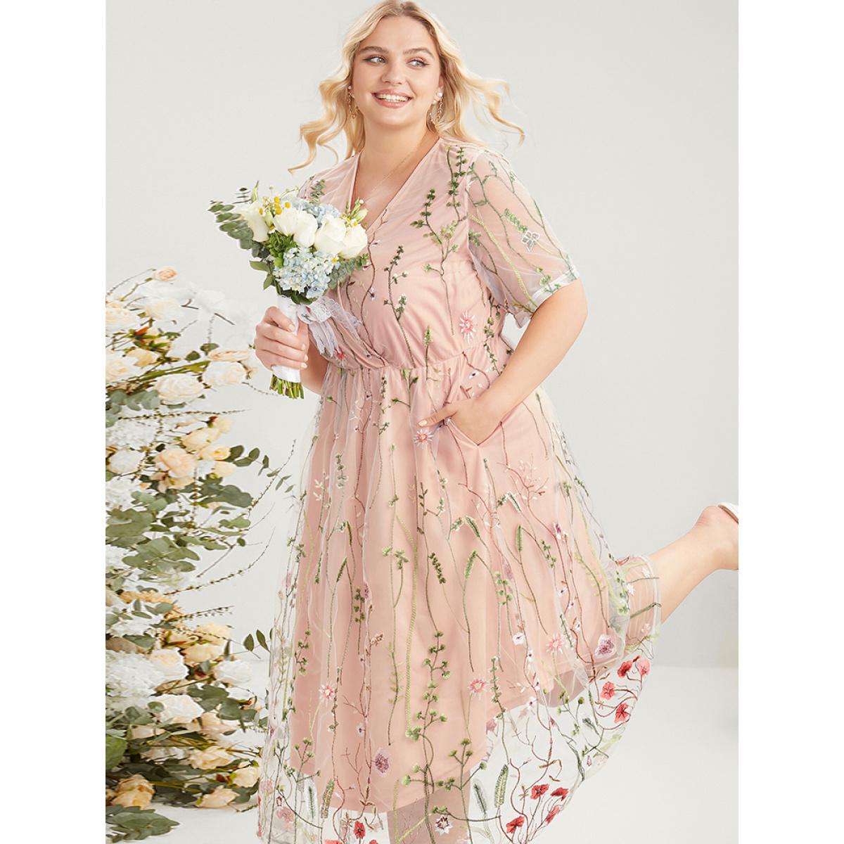Plus Size Floral Embroidered Pocket Mesh Elastic Waist Surplice Neck Dress Rouge Women Glamour See through V-neck Short sleeve Curvy Midi Dress BloomChic 12/L Product Image