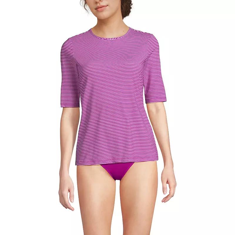 Women's Lands' End UPF 50 Elbow-Sleeve Rash Guard Swim Tee, Size: XL, Red Rose Stripe Product Image
