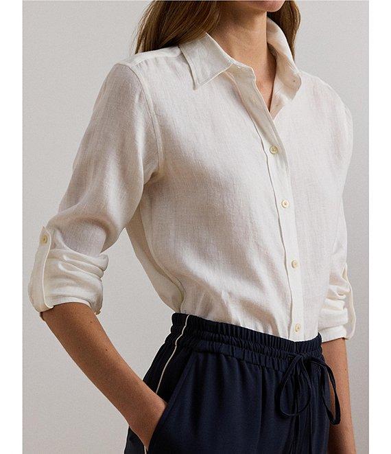 Lauren Ralph Lauren Petite Size Collared Long Sleeve Pleated Cuff Button Front Shirt Product Image