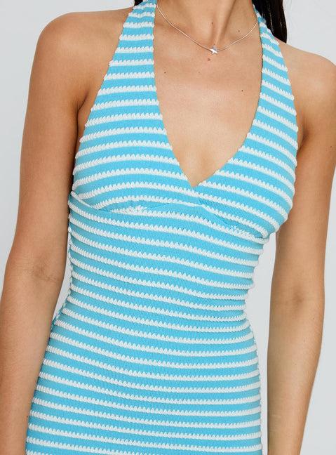 Sooner Or Later Halter Mini Dress Blue Stripe Product Image