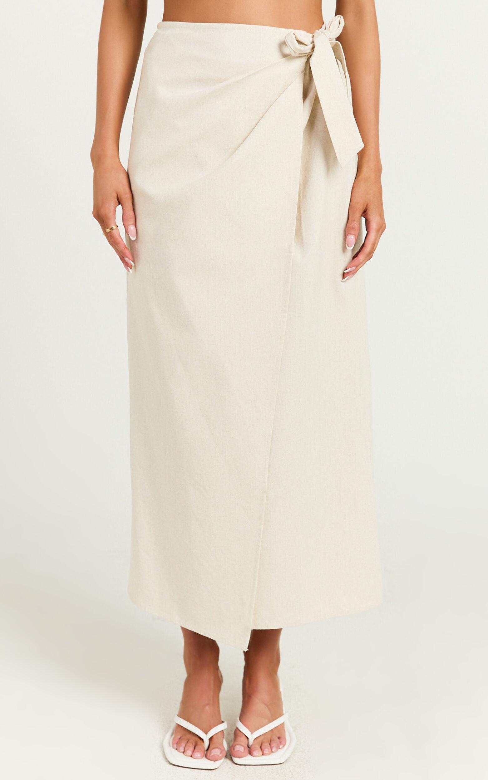 Genna Midi Skirt - Linen Look Wrap Skirt in Natural Product Image