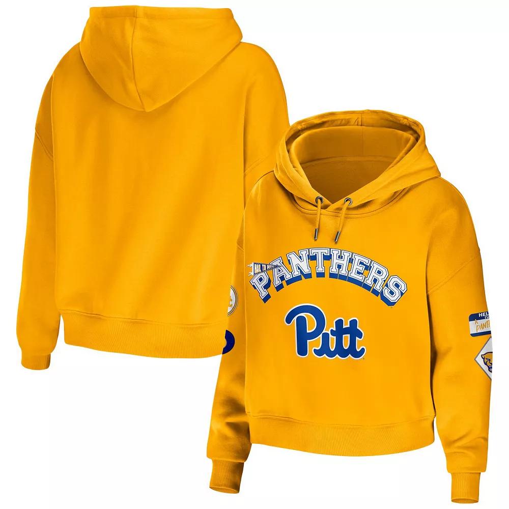 Women's WEAR by Erin Andrews Gold Pitt Panthers Mixed Media Cropped Pullover Hoodie,  Product Image