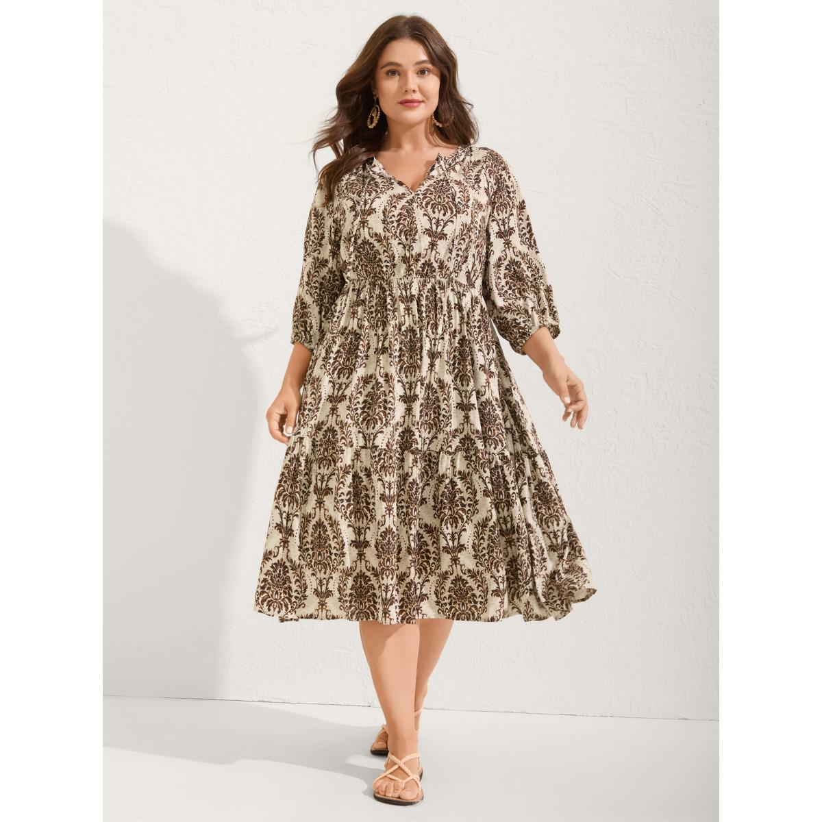 Plus Size Damask Print Tie Knot Puff Sleeve Dress Browncoffeecolor Women Boho Tie knot V-neck Elbow-length sleeve Curvy BloomChic 28/5X Product Image