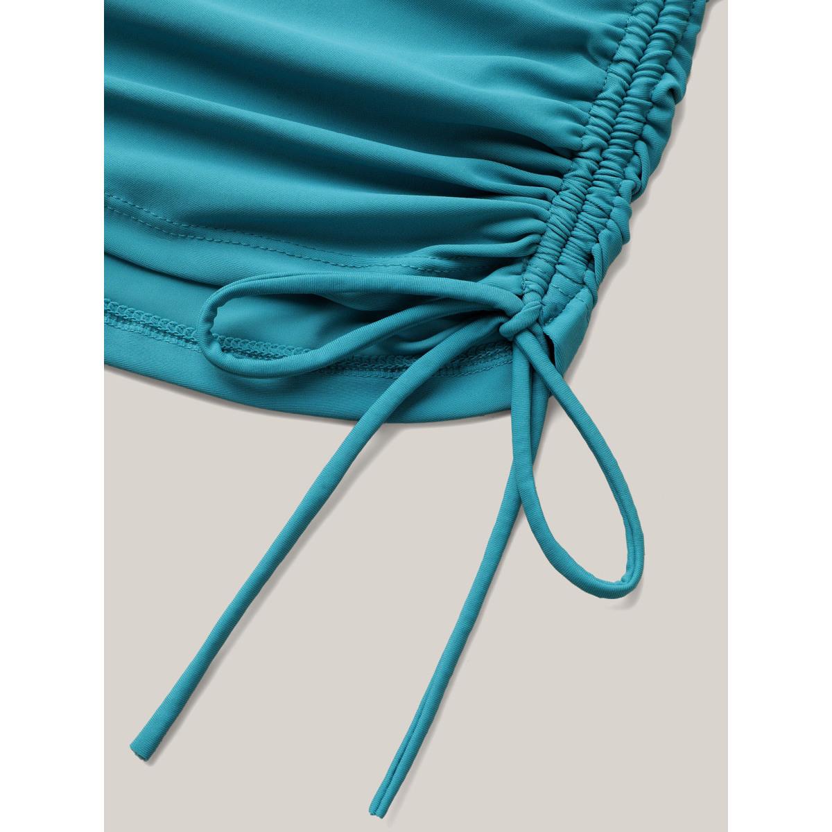 Plus Size Ruffled Edges Drawstring Bust-Support Swim Top Women's Swimwear Teal Resort Drawstring High stretch Bodycon Overlap Collar Curve Swim Tops BloomChic 18-20/2X Product Image
