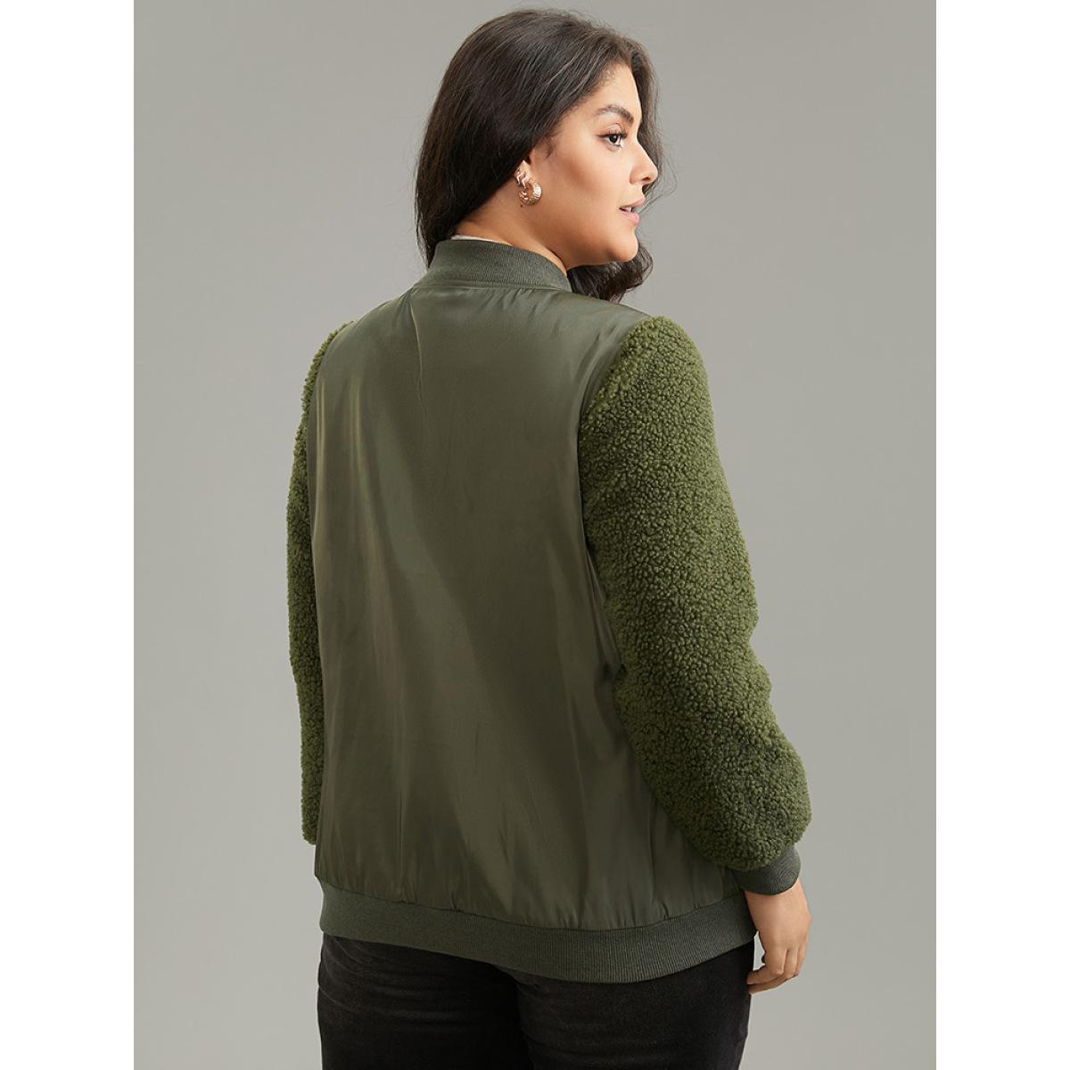 Plus Size Plain Fuzzy Patchwork Zipper Flap Pocket Jacket Women ArmyGreen Rib Knit Pocket Dailywear Jackets BloomChic 18-20/2X Product Image