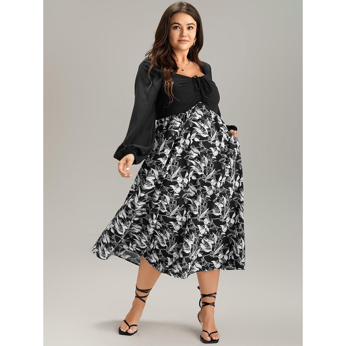 Plus Size Floral Print Ruched Bowknot Patchwork Dress Black Women Elegant Elastic cuffs Square Neck Long Sleeve Curvy Midi Dress BloomChic 18-20/2X Product Image