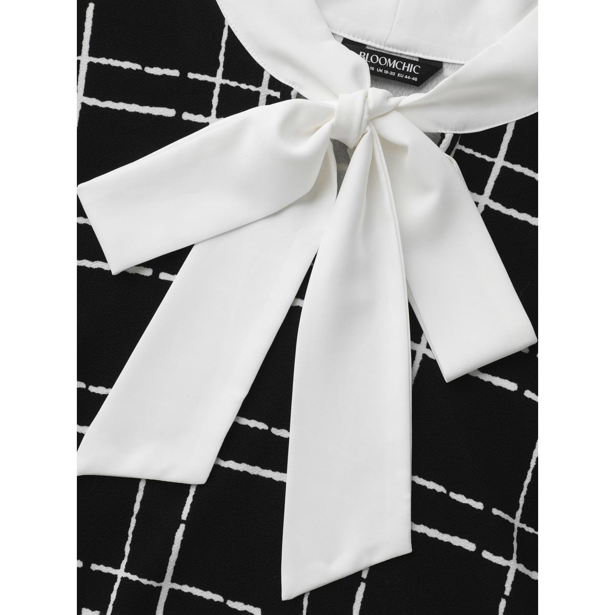 Plus Size Black Plaid Print Contrast Bow-Tie Shirt Women Elegant Extra Long Sleeve Non Everyday Blouses BloomChic 18-20/2X Product Image