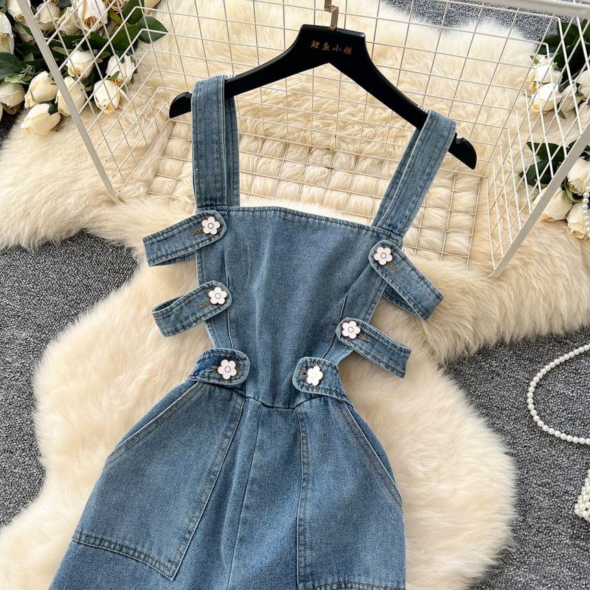 Sleeveless Buttoned Denim Wide Leg Jumpsuit Product Image