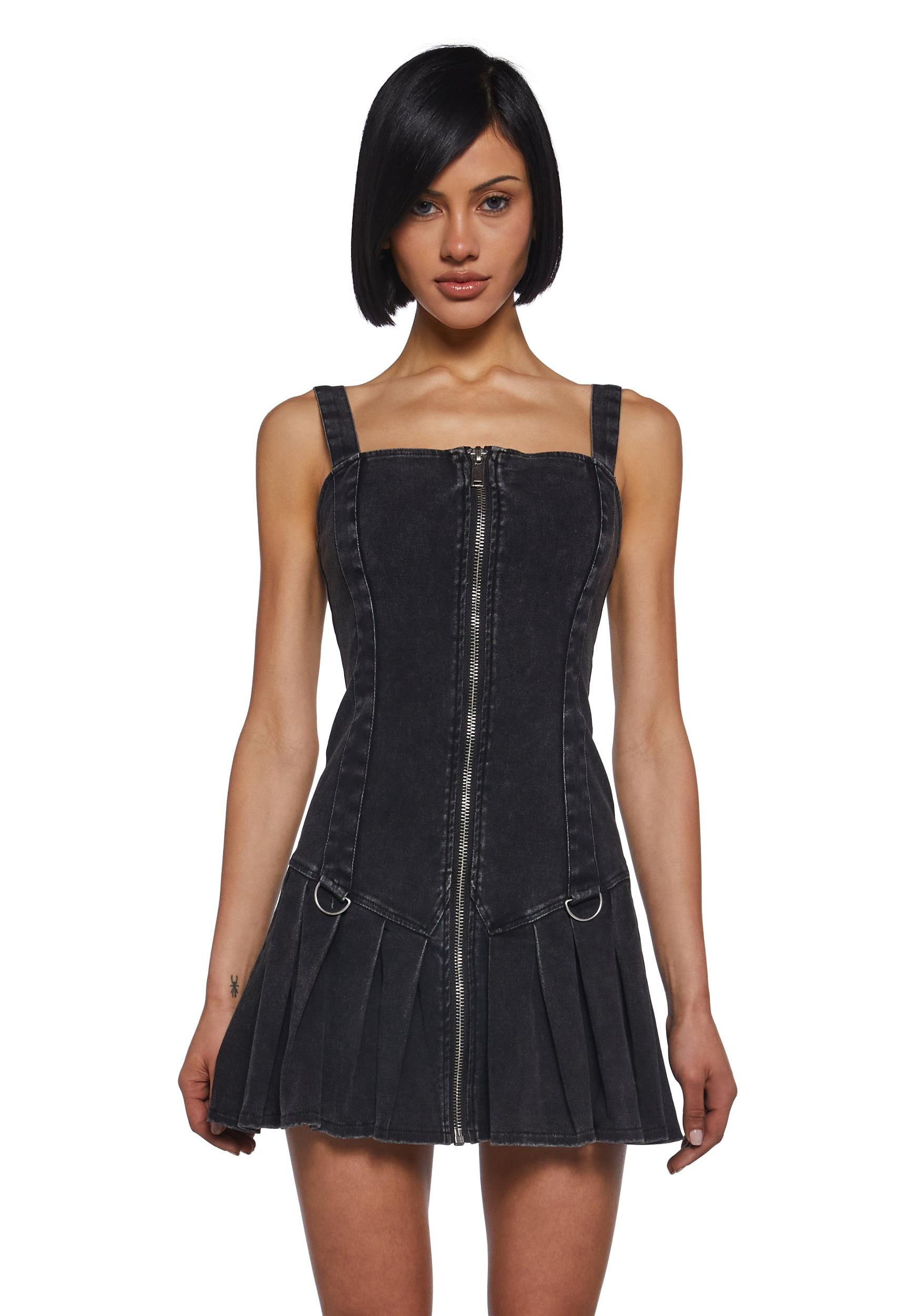 Womens Washed Denim Mini Dress With Front Zipper Closure Current Mood - Black Product Image