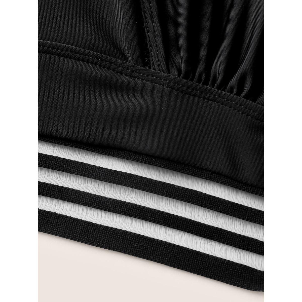 Plus Size Overlap Collar Woven Ribbon Back Crisscross Swim Top Women's Swimwear Black Beach Woven ribbon&lace trim High stretch Skinny Overlap Collar Curve Swim Tops BloomChic 14-16/1X Product Image