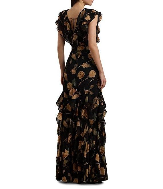 Lauren Ralph Lauren Georgette Floral Print V Neck Cap Sleeve Ruffle Belted Sheath Gown Product Image