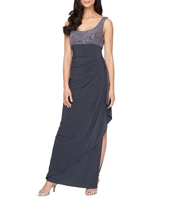 Alex Evenings Ruched 3/4 Sleeve Scoop Neck 2-Piece Glitter Jacket Dress Product Image