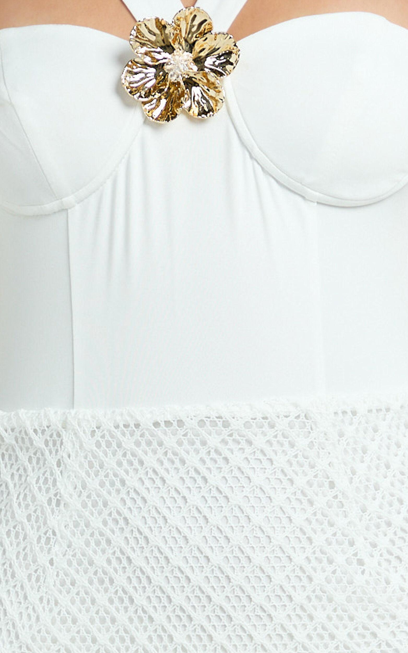 Adalia Maxi Dress - Strappy Hardware Rosette Trim Jersey Bodysuit Crochet Column Skirt Dress in Off White Product Image