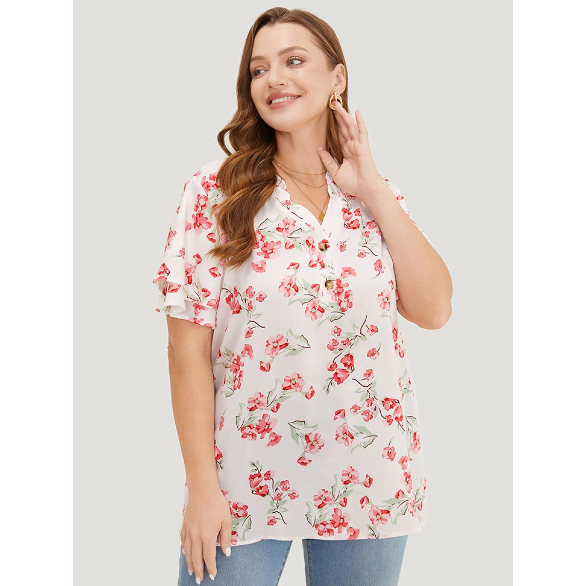 Plus Size White Floral Printed Button Up Flutter Layered Sleeve Blouse Women Elegant Short sleeve Notched collar Dailywear Blouses BloomChic 14-16/1X Product Image