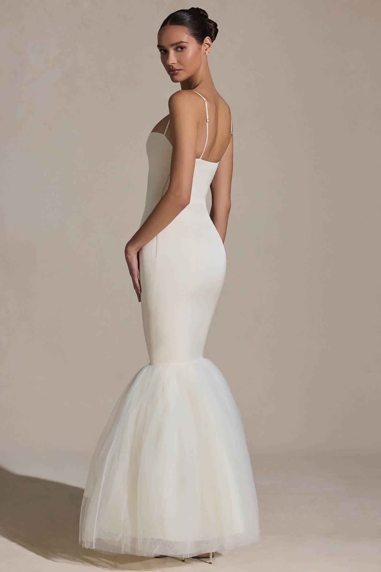 Tulle Hem Fishtail Gown in Ivory Product Image