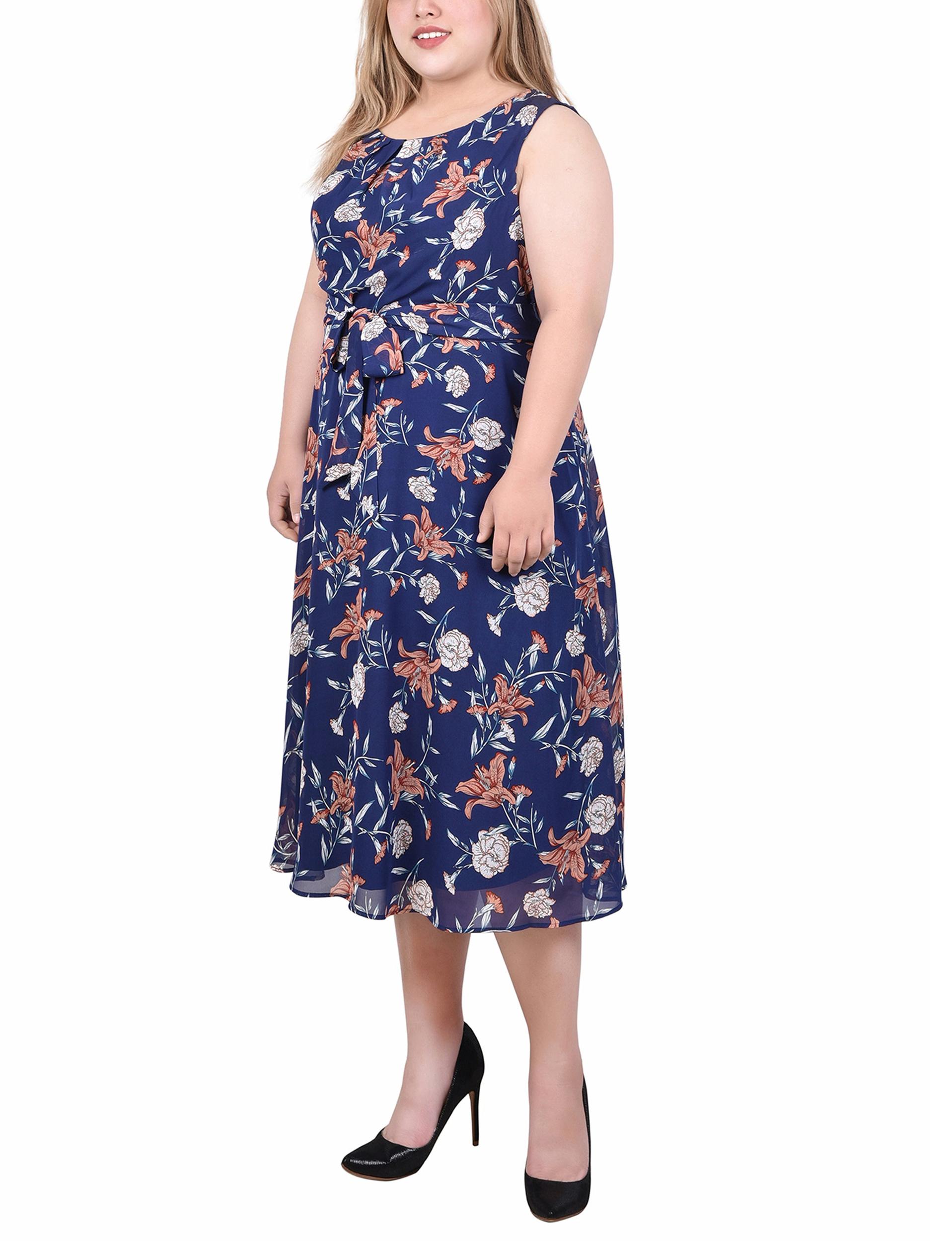 Navy Floral Sleeveless Chiffon Belted Dress - Plus Product Image