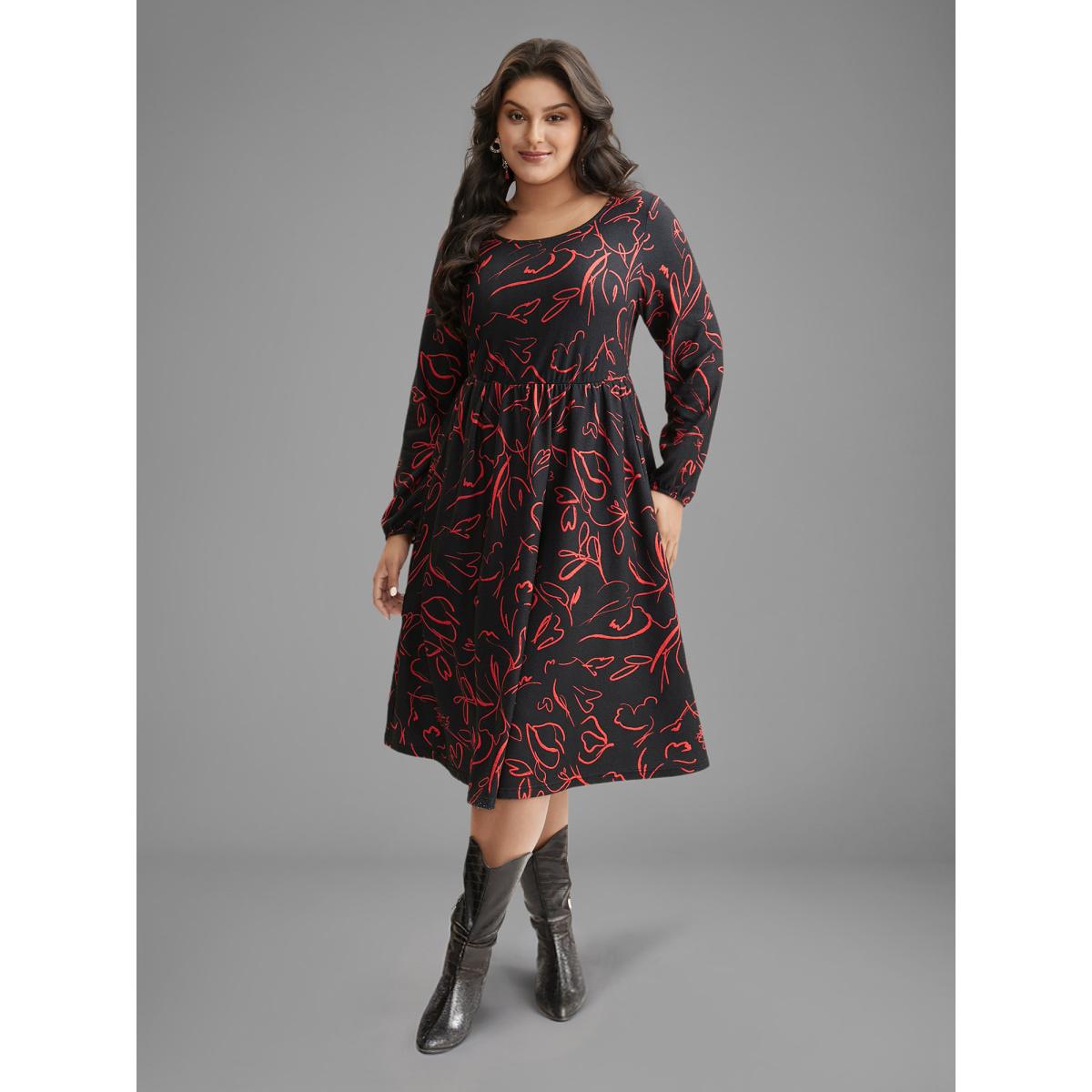 Plus Size Floral Knit Round Neck Midi Dress BlackFlower Women Casual Non Party Curvy Bloomchic 22-24/3X Product Image