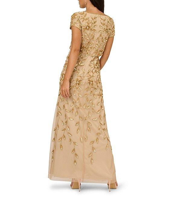 Adrianna Papell Beaded Mesh Crew Neck Short Sleeve Blouson Long Dress Product Image