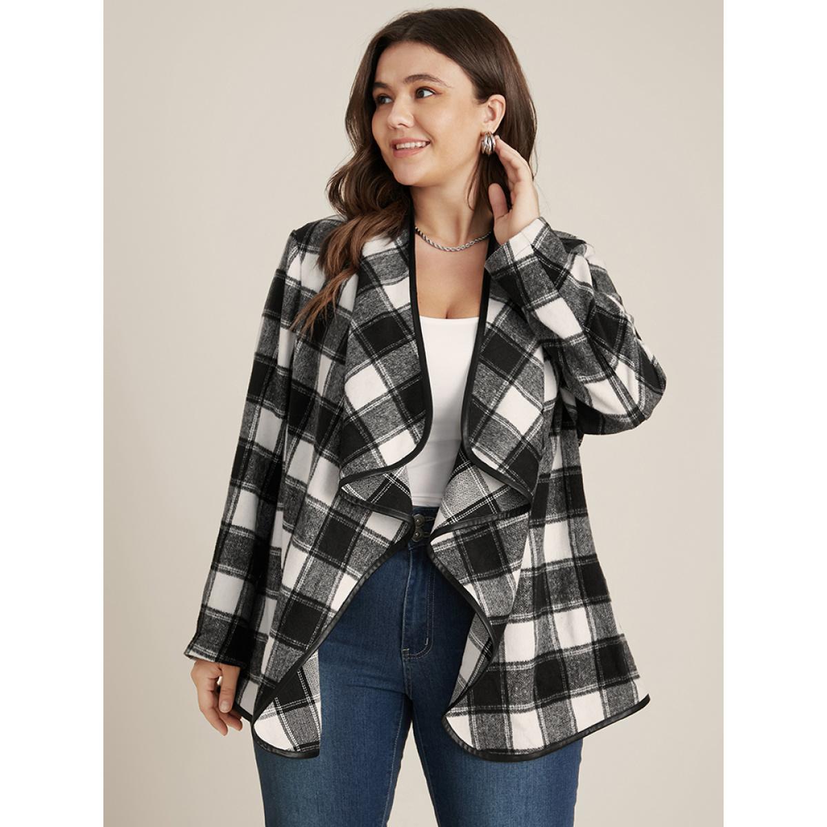 Plus Size Plaid Waterfall Collar Open Front Coat Women Black Elegant Asymmetrical Loose Ladies Dailywear Winter Coats BloomChic 14-16/1X Product Image