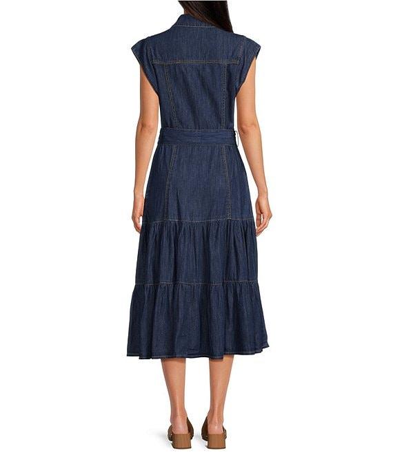 ELAN Denim V-Neck Short Cap Sleeve Midi Dress Product Image