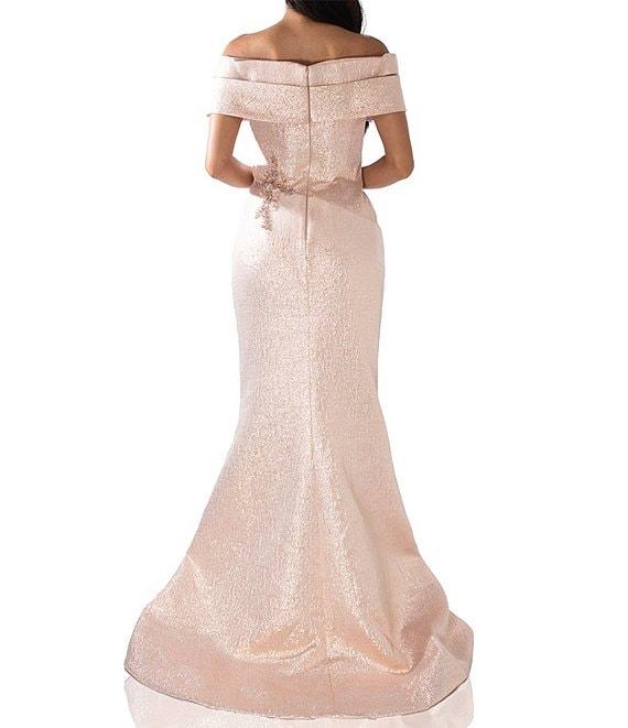 Terani Couture Metallic Jacquard Off-The-Shoulder Beaded Bodice Mermaid Gown Product Image