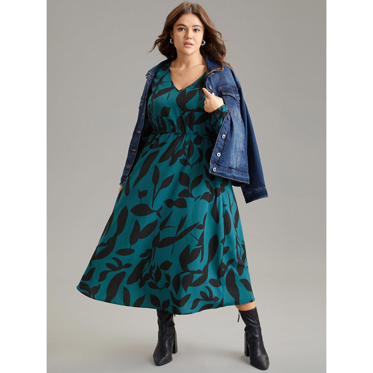Plus Size Silhouette Floral Print Elastic Waist Lantern Sleeve Dress Aegean Women Elegant Elastic cuffs V-neck Long Sleeve Curvy Midi Dress BloomChic 22-24/3X Product Image