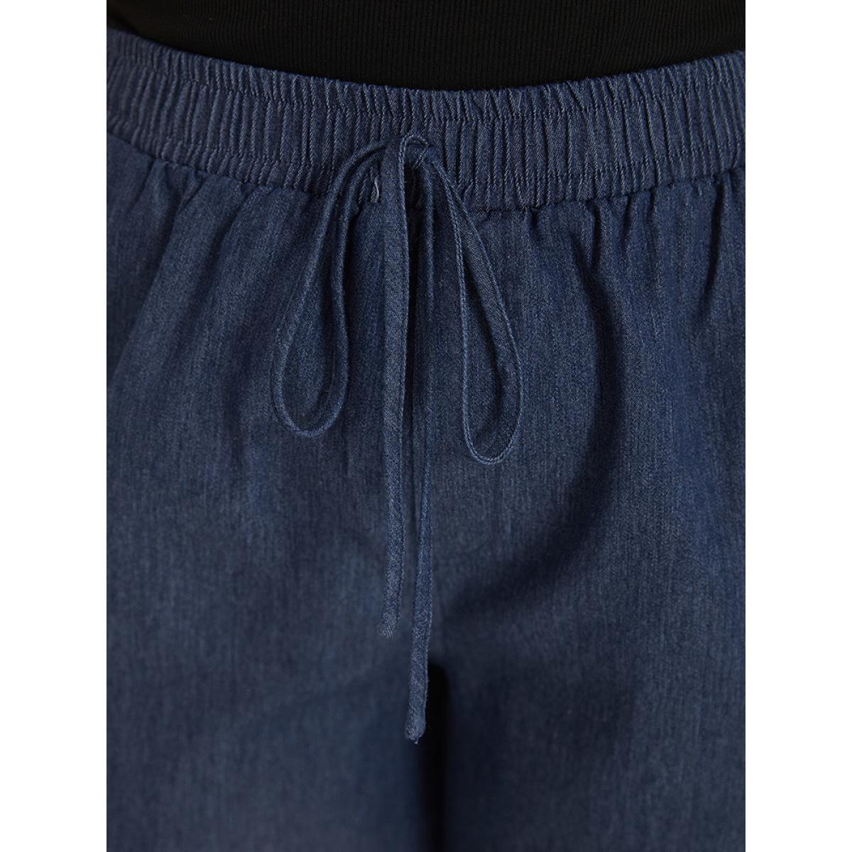 Plus Size Plain Ties Elastic Waist High Rise Shorts Women Indigo Casual Plain Dailywear Shorts BloomChic 26/4X Product Image