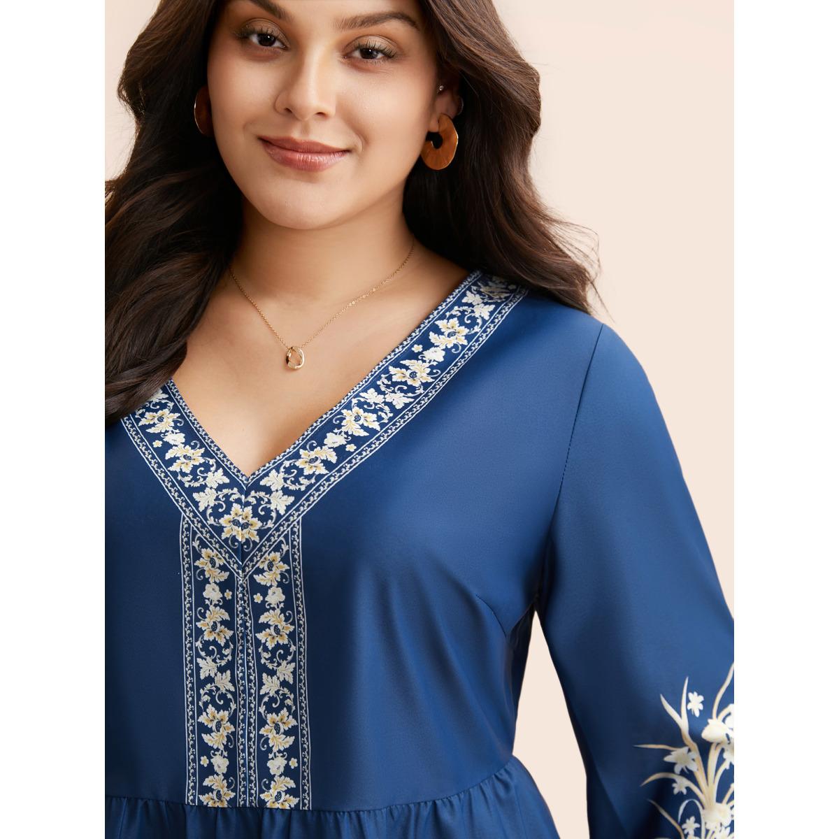 Plus Size Indigo Boho Print Elastic Waist Gathered Blouse Women Elegant Long Sleeve V-neck Everyday Blouses BloomChic 18-20/2X Product Image