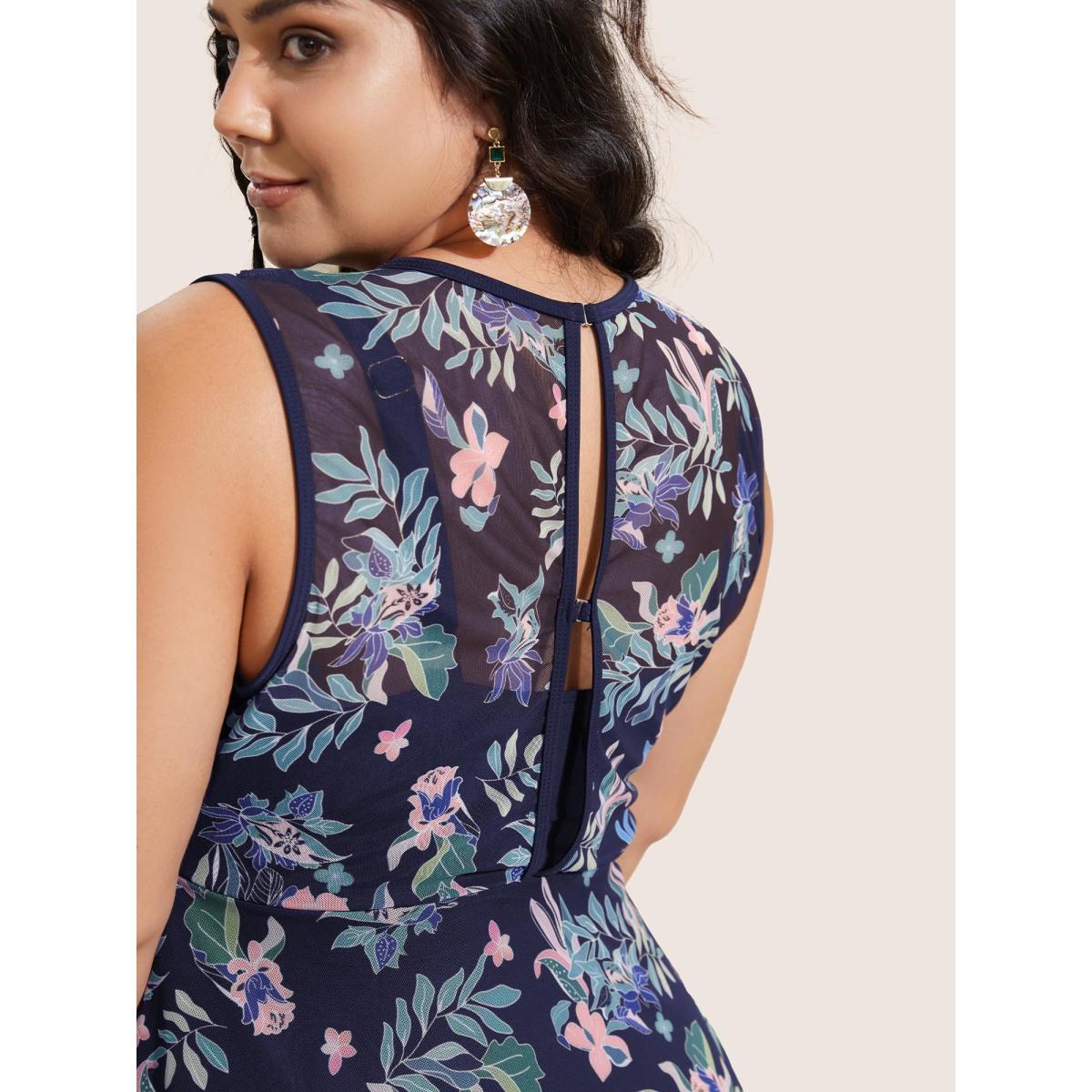 Plus Size U Neck Tropical Print See Through Swim Dress Women's Swimwear Indigo Beach Bodycon U-neck High stretch Curve Swim Dresses BloomChic 30/6X Product Image