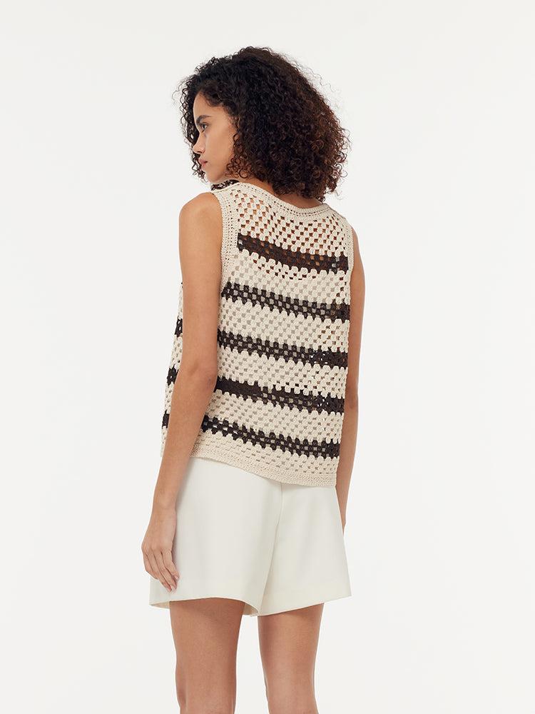 Brown Stripe Women Open-Knit Tank Top Product Image