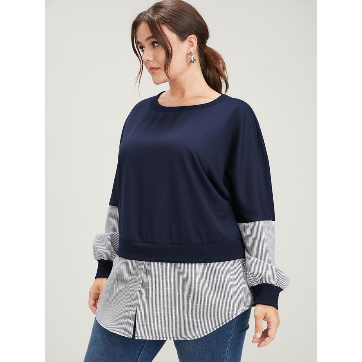 Plus Size Vertical Striped Contrast 2-In-1 Sweatshirt Women DarkBlue Casual Patchwork Round Neck Dailywear Sweatshirts BloomChic 18-20/2X Product Image
