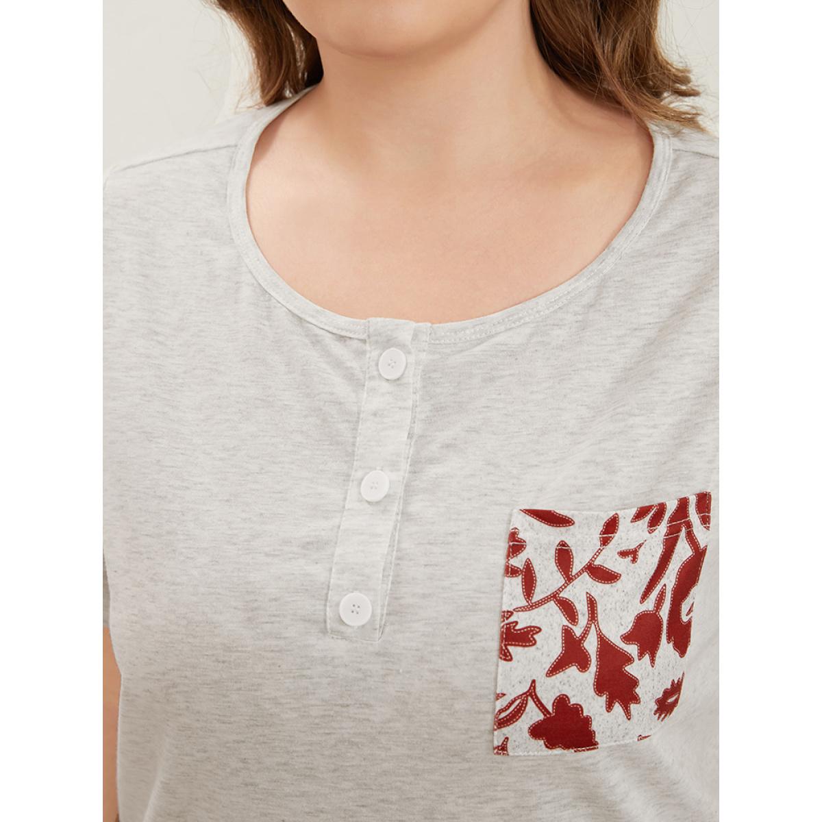 Plus Size Plant Print Button Up Pocket Round Neck Sleep Top Women WhiteSmoke Elegant Silhouette Floral Print Pocket Round Neck Pocket Loungewear BloomChic 14-16/1X Product Image