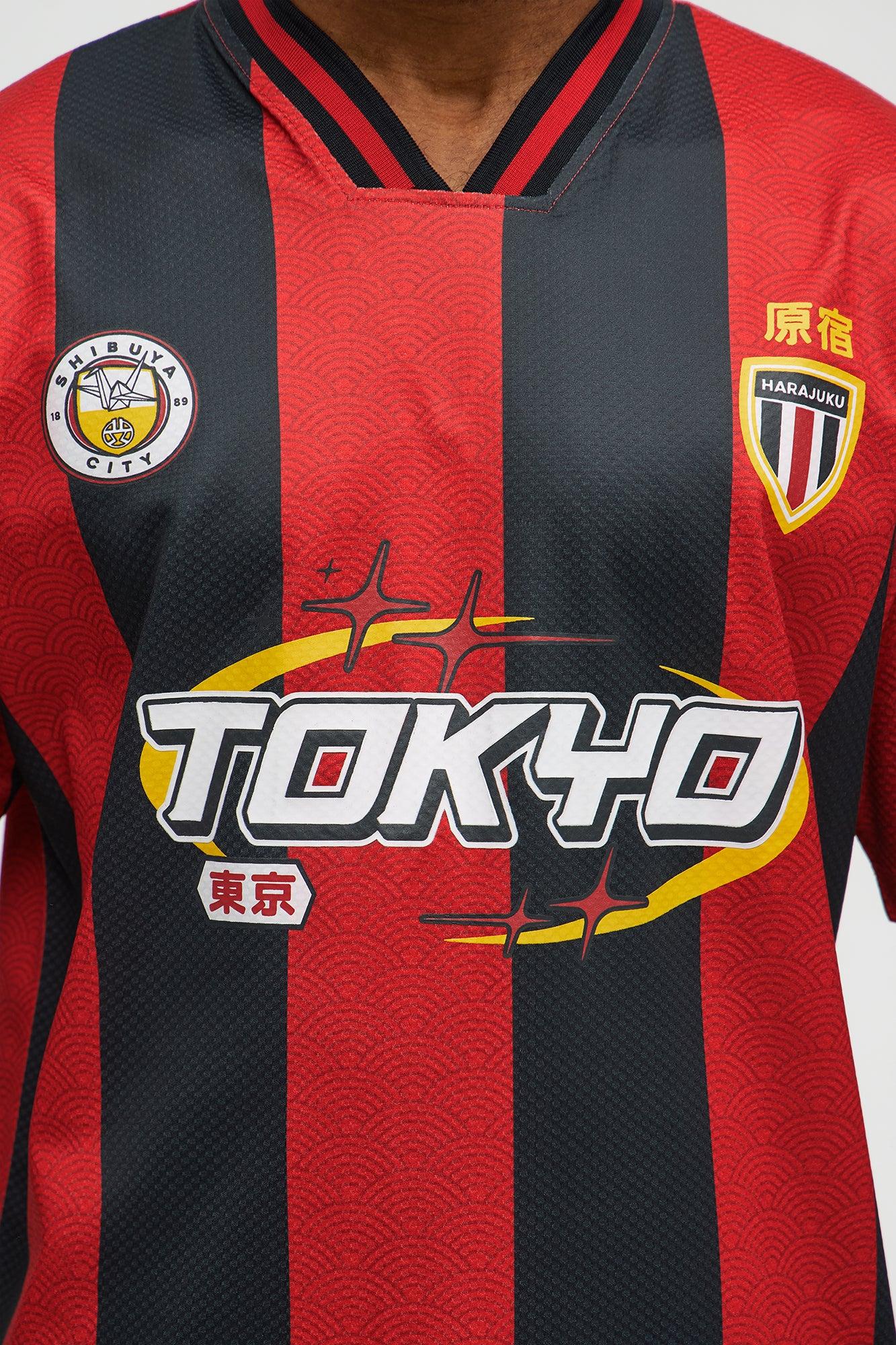Tokyo Striped Short Sleeve Soccer Jersey - Red/Black Male Product Image