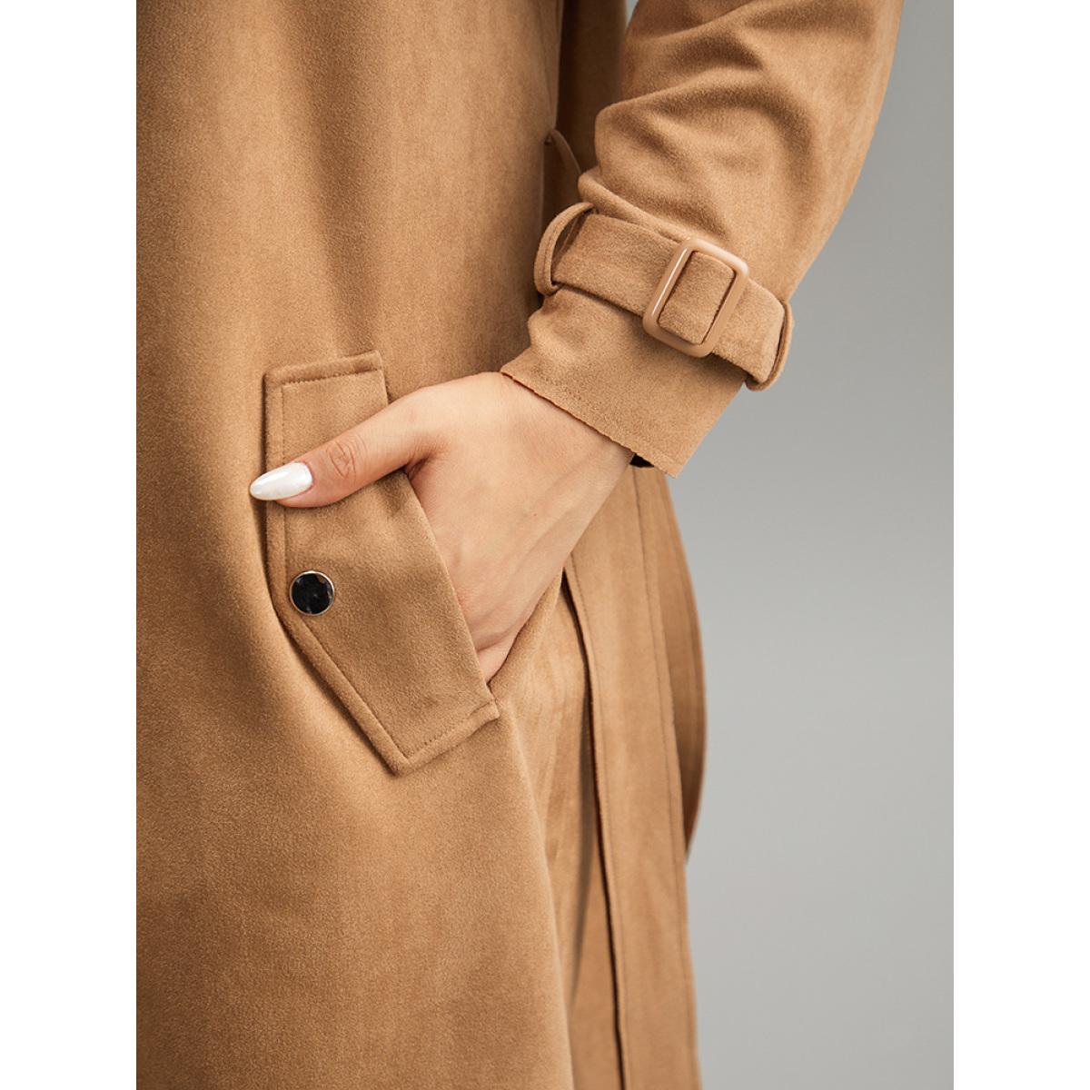 Plus Size Solid Button Detail Knot Belted Coat Women Chocolate Work From Home Plain Ladies Work Winter Coats BloomChic 18-20/2X Product Image