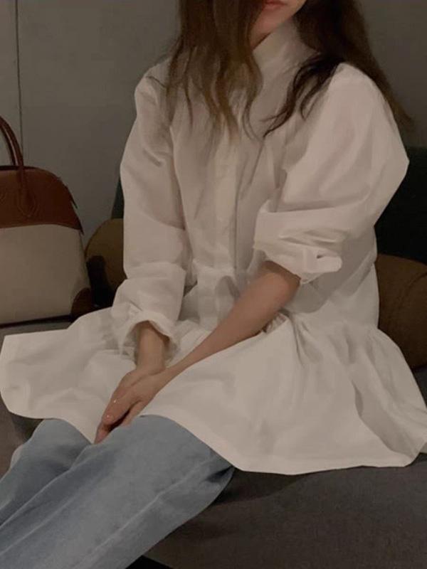 A-Line Long Sleeves Buttoned Pleated Solid Color Lapel Mini Dresses Shirt Dress Product Image