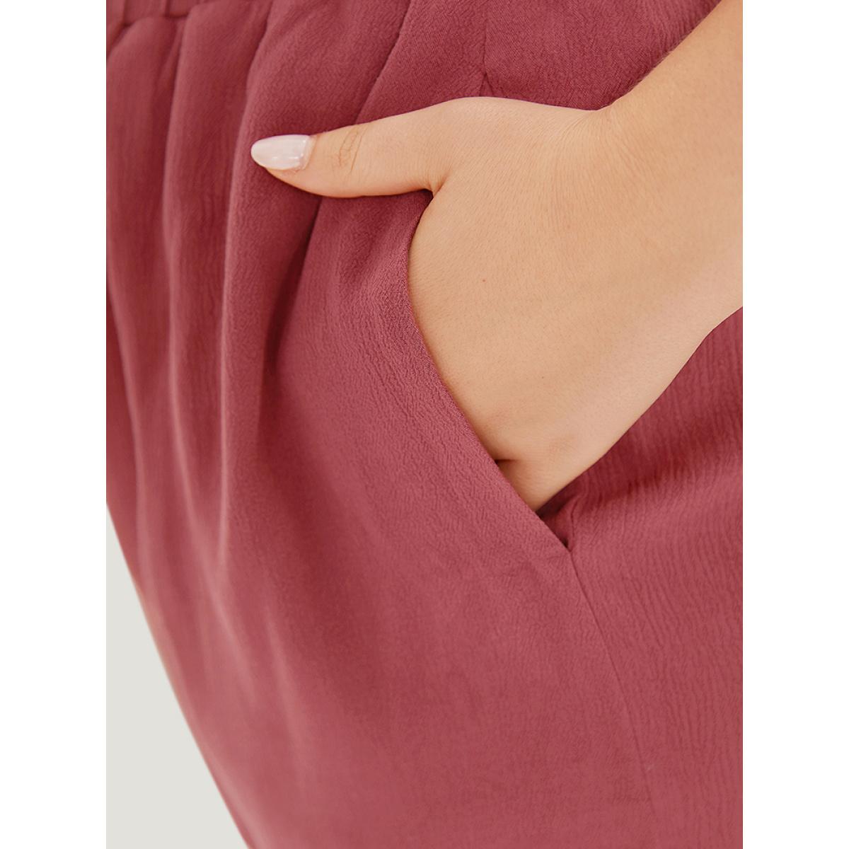 Plus Size Plain Textured Pocket Paperbag Waist Drawstring Split Side Shorts Women Russet Elegant Plain Dailywear Shorts BloomChic 22-24/3X Product Image