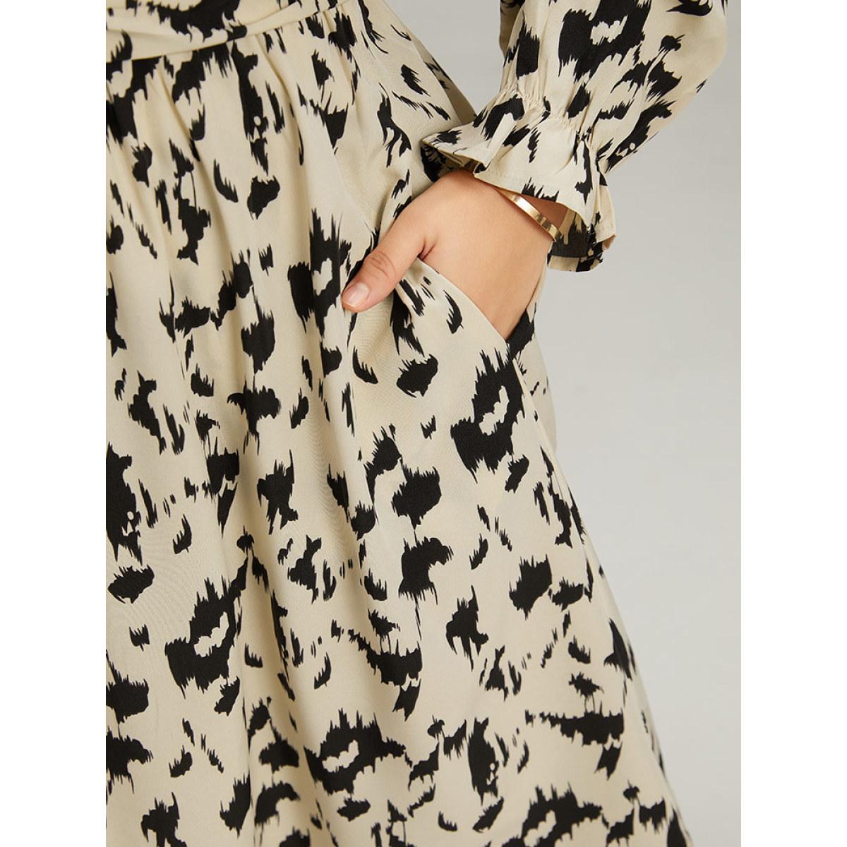 Plus Size Geometric Contrast Belted Elastic Cuffs Dress Apricot Women Elegant Elastic cuffs V-neck Long Sleeve Curvy Midi Dress BloomChic 26/4X Product Image