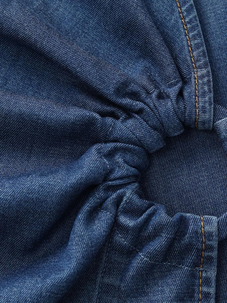 Denim V-Neck Twist Waist Women Midi Dress Product Image