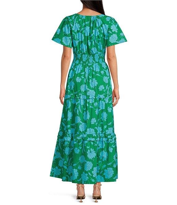 Sugarlips Palmer Floral Print V-Neck Short Sleeve Tiered Poplin Maxi Dress Product Image