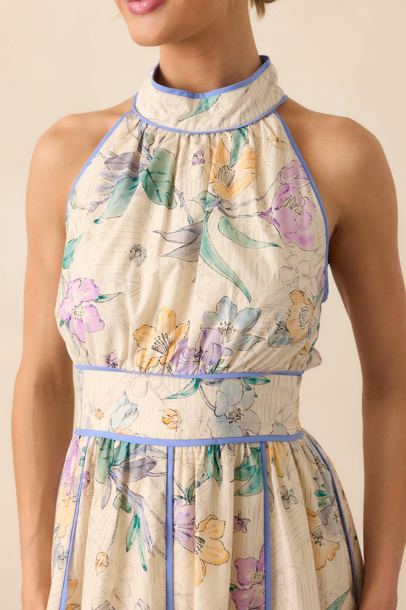 Color Outside The Lines Ivory Floral Print Cotton Halter Maxi Dress Product Image